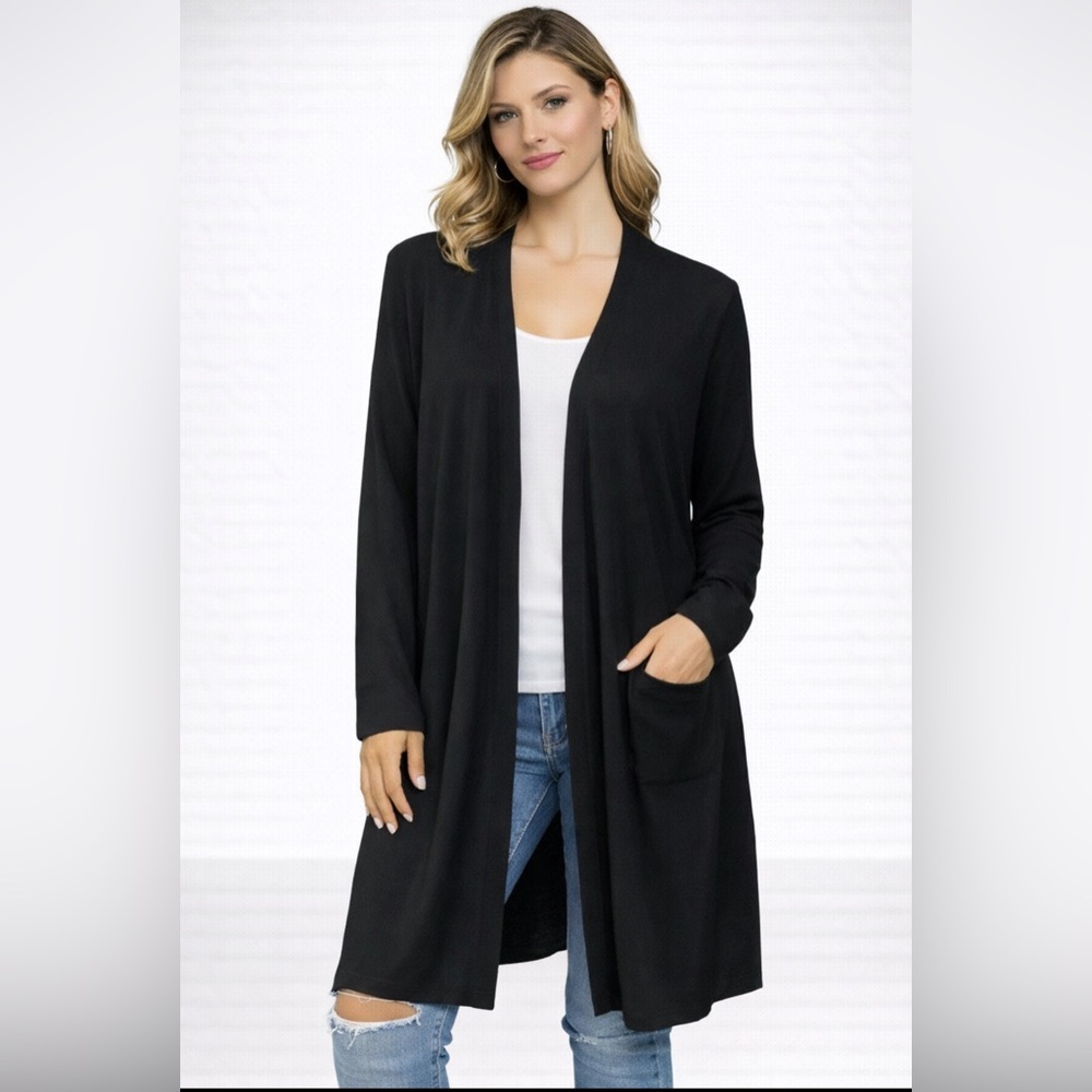 Talbots Long Cardigan Sweater L Large Black Pie Crust Thin Cotton Washable Open